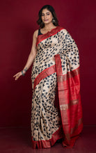 Soft Quality Block Printed Pure Gicha Tussar Silk Saree in Beige, Black & Red