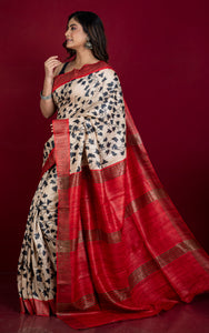 Soft Quality Block Printed Pure Gicha Tussar Silk Saree in Beige, Black & Red