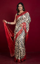 Soft Quality Block Printed Pure Gicha Tussar Silk Saree in Beige, Black & Red