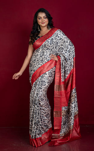 Soft Quality Block Printed Pure Gicha Tussar Silk Saree in Beige, Black & Red