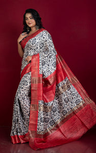 Soft Quality Block Printed Pure Gicha Tussar Silk Saree in Beige, Black & Red