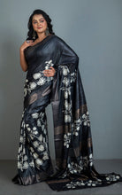 Soft Quality Block Printed Pure Gicha Tussar Silk Saree in Black and Off White