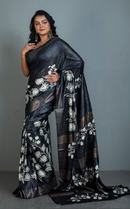 Soft Quality Block Printed Pure Gicha Tussar Silk Saree in Black and Off White