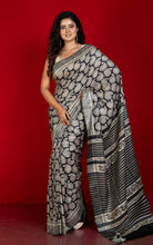Handwoven Block Printed Pure Gicha Tussar Silk Saree in Beige & Black