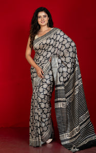 Handwoven Block Printed Pure Gicha Tussar Silk Saree in Beige & Black