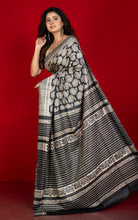 Handwoven Block Printed Pure Gicha Tussar Silk Saree in Beige & Black