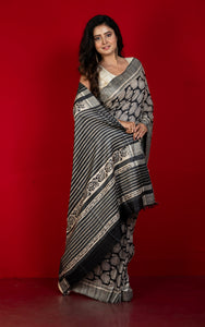 Handwoven Block Printed Pure Gicha Tussar Silk Saree in Beige & Black