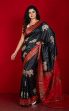 Block Printed Pure Gicha Tussar Silk Saree in Black, Rust Brown & Beige