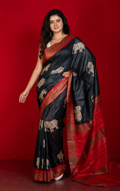 Block Printed Pure Gicha Tussar Silk Saree in Black, Rust Brown & Beige