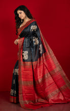 Block Printed Pure Gicha Tussar Silk Saree in Black, Rust Brown & Beige