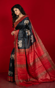Block Printed Pure Gicha Tussar Silk Saree in Black, Rust Brown & Beige