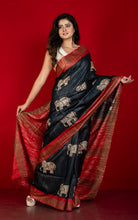 Block Printed Pure Gicha Tussar Silk Saree in Black, Rust Brown & Beige