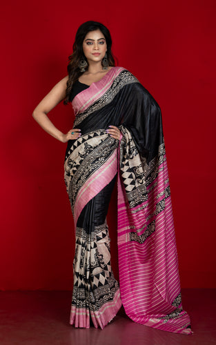 Handwoven Block Printed Pure Gicha Tussar Silk Saree in Black, Beige and Pink