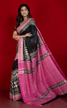 Handwoven Block Printed Pure Gicha Tussar Silk Saree in Black, Beige and Pink