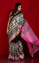 Handwoven Block Printed Pure Gicha Tussar Silk Saree in Black, Beige and Pink