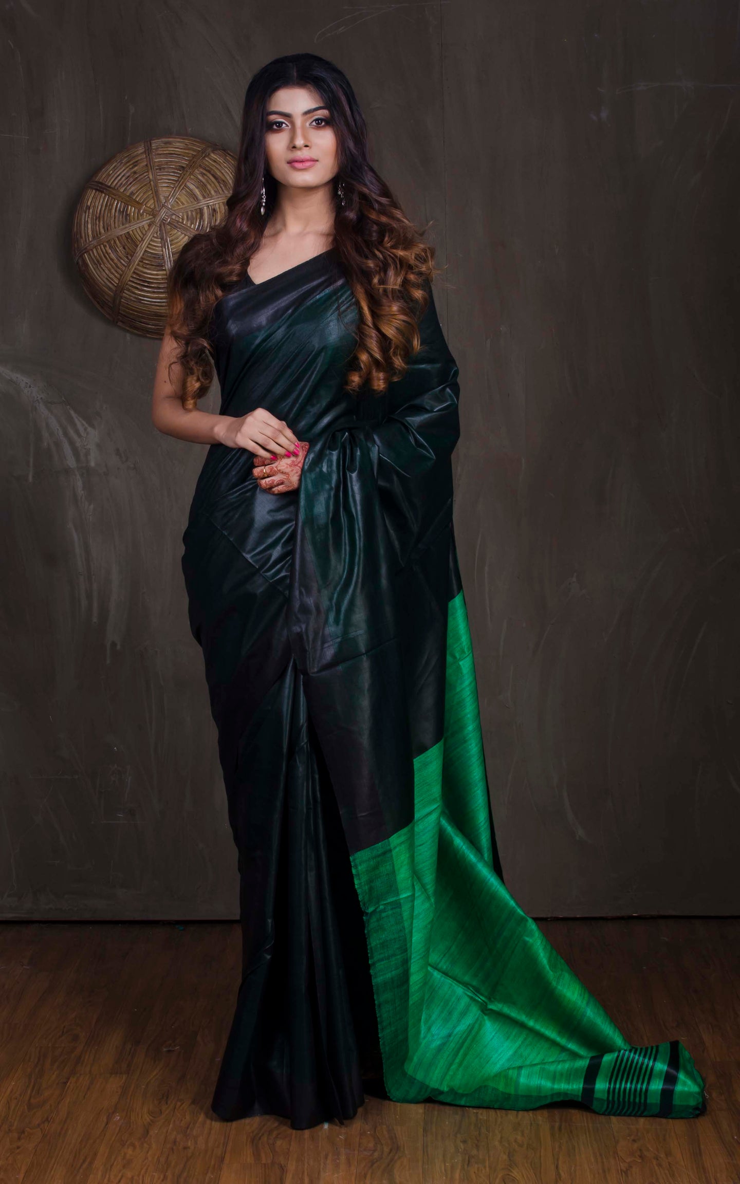 Handwoven Soft Staple Gicha Tussar Saree in Black and Green