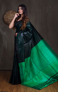 Handwoven Soft Staple Gicha Tussar Saree in Black and Green