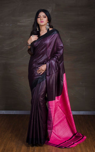 Handwoven Soft Staple Gicha Tussar Saree in Black and Pink