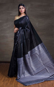 Handwoven Soft Staple Gicha Tussar Saree in Black and Grey