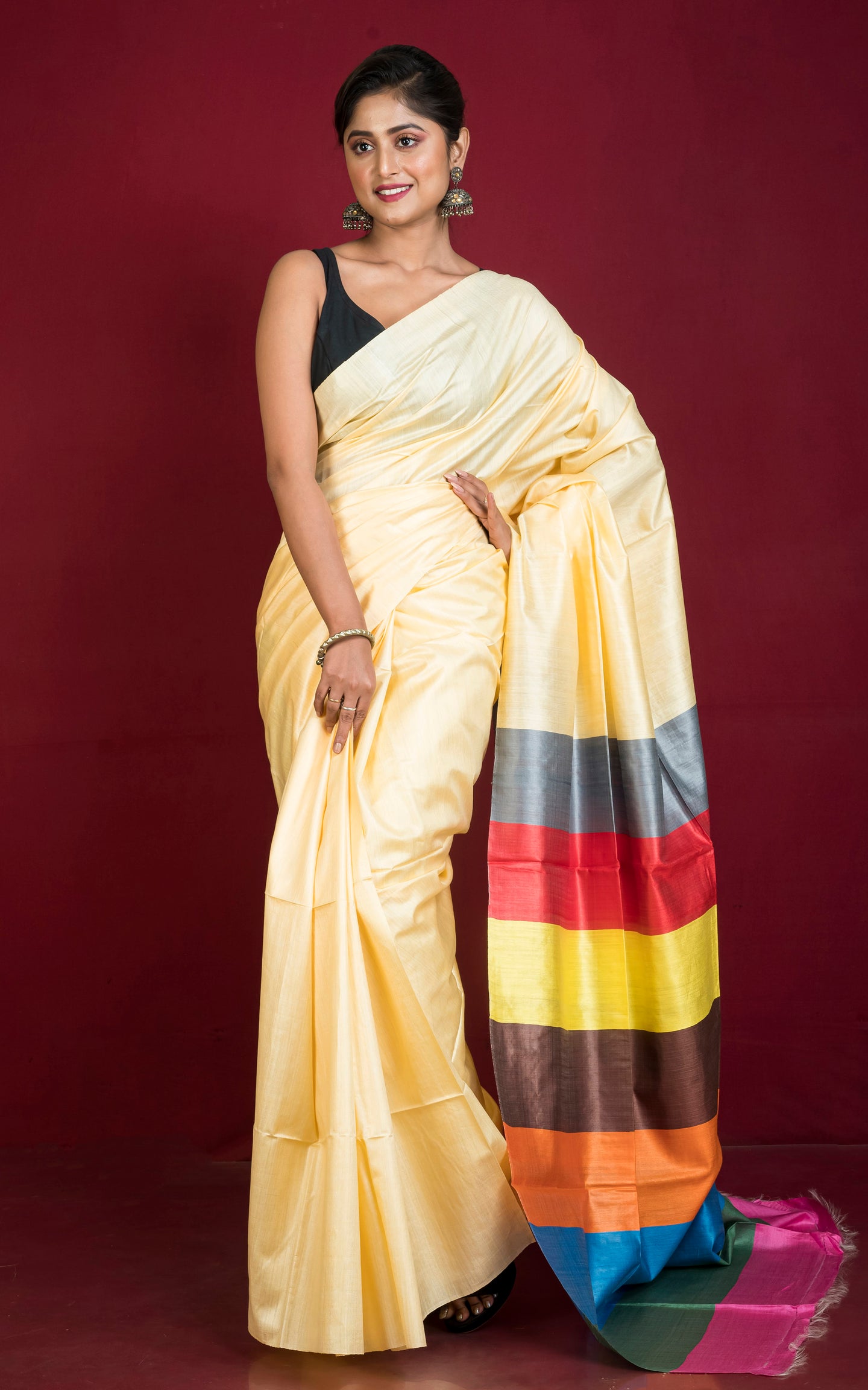 Pure Handloom Bhagalpuri Silk Saree in Rich Cream and Multicolored