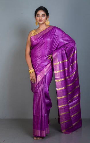 Gicha Tussar Silk Saree with Woven Gold Bands Pallu in Purple and Golden