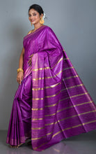 Gicha Tussar Silk Saree with Woven Gold Bands Pallu in Purple and Golden