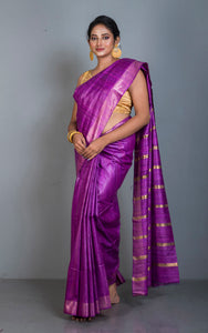 Gicha Tussar Silk Saree with Woven Gold Bands Pallu in Purple and Golden