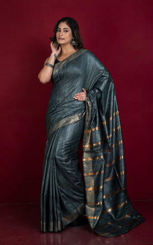 Gicha Tussar Silk Saree with Woven Gold Bands Pallu in Slate Grey and Golden