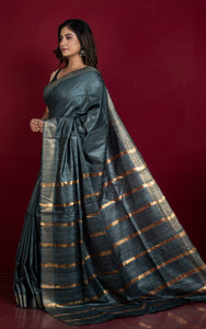 Gicha Tussar Silk Saree with Woven Gold Bands Pallu in Slate Grey and Golden