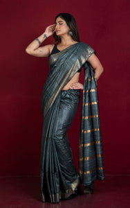 Gicha Tussar Silk Saree with Woven Gold Bands Pallu in Slate Grey and Golden