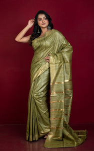 Gicha Tussar Silk Saree with Woven Gold Bands Pallu in Dark Moss Green and Golden