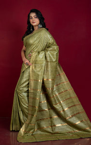 Gicha Tussar Silk Saree with Woven Gold Bands Pallu in Dark Moss Green and Golden