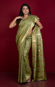 Gicha Tussar Silk Saree with Woven Gold Bands Pallu in Dark Moss Green and Golden
