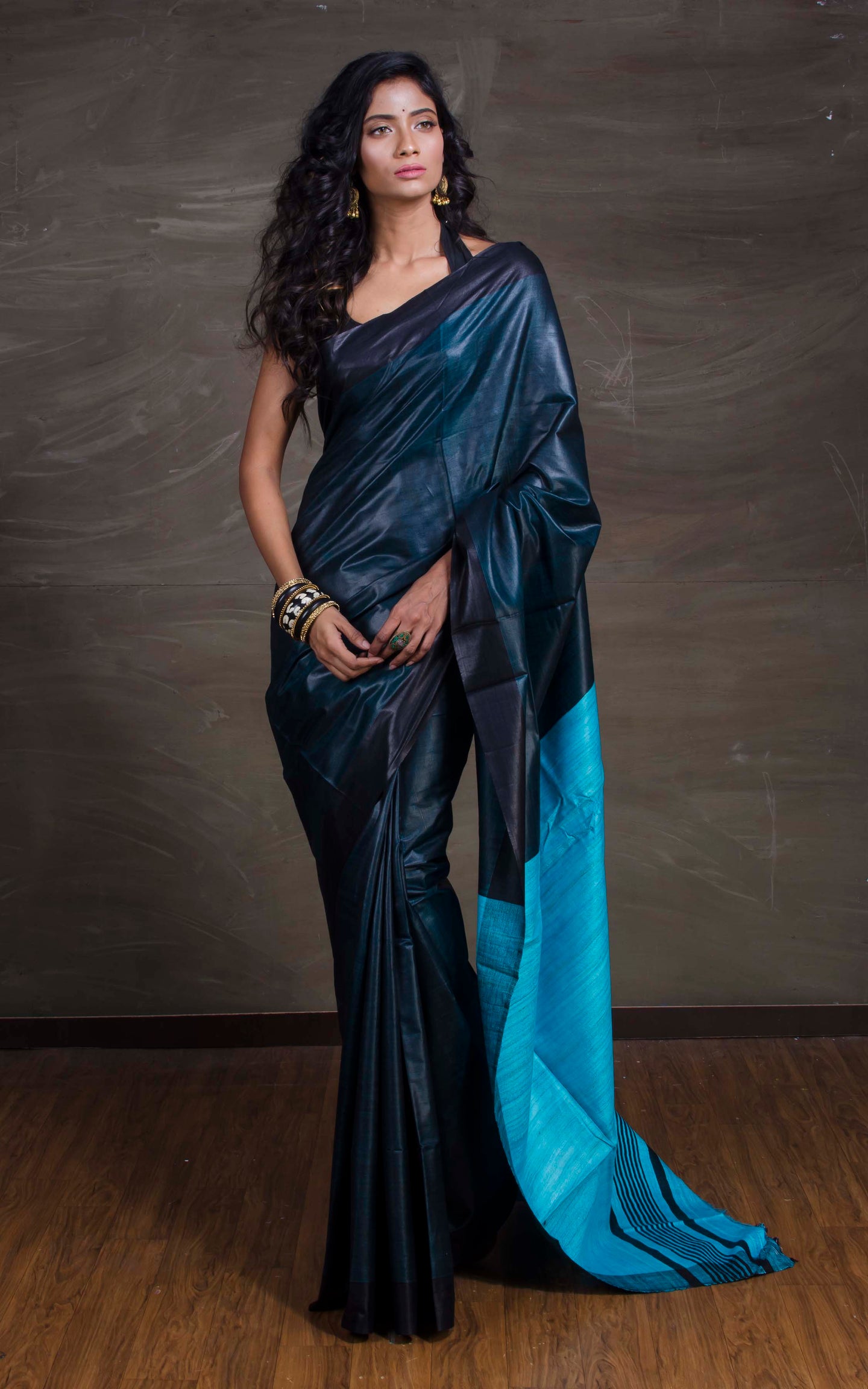 Handwoven Soft Staple Gicha Tussar Saree in Black and Capri Blue