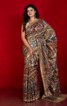 Premium Quality All Over Hand Painted Madhubani Motifs on Natural Gicha Tussar Silk Saree in Cameo Beige and Multicolored