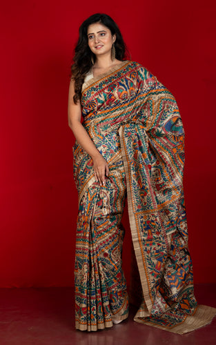 Premium Quality All Over Hand Painted Madhubani Motifs on Natural Gicha Tussar Silk Saree in Cameo Beige and Multicolored