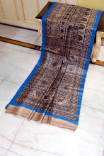 Premium Quality All Over Hand Painted Madhubani Motifs on Natural Gicha Tussar Silk Saree in Beige, Black and Dusk Blue