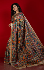 Premium Quality All Over Hand Painted Madhubani Motifs on Natural Gicha Tussar Silk Saree in Cameo Beige and Multicolored
