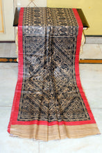 Premium Quality All Over Hand Painted Madhubani Motifs on Natural Gicha Tussar Silk Saree in Beige, Black and Red