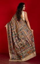 Premium Quality All Over Hand Painted Madhubani Motifs on Natural Gicha Tussar Silk Saree in Cameo Beige and Multicolored