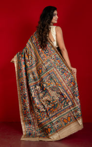 Premium Quality All Over Hand Painted Madhubani Motifs on Natural Gicha Tussar Silk Saree in Cameo Beige and Multicolored