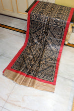 Premium Quality All Over Hand Painted Madhubani Motifs on Natural Gicha Tussar Silk Saree in Beige, Black and Red