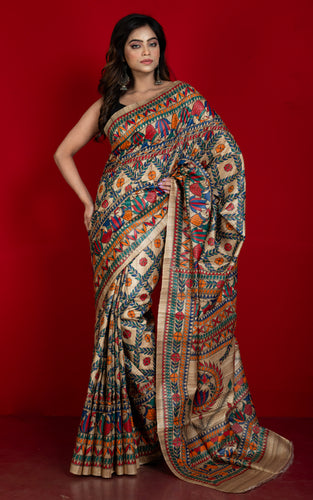 Premium Quality All Over Hand Painted Madhubani Motifs on Natural Gicha Tussar Silk Saree in Solitaire Beige and Multicolored