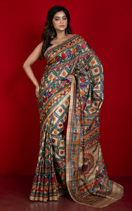 Premium Quality All Over Hand Painted Madhubani Motifs on Natural Gicha Tussar Silk Saree in Solitaire Beige and Multicolored