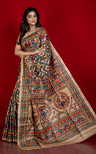 Premium Quality All Over Hand Painted Madhubani Motifs on Natural Gicha Tussar Silk Saree in Solitaire Beige and Multicolored