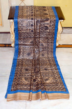 Premium Quality All Over Hand Painted Madhubani Motifs on Natural Gicha Tussar Silk Saree in Beige, Black and Dusk Blue