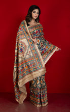 Premium Quality All Over Hand Painted Madhubani Motifs on Natural Gicha Tussar Silk Saree in Solitaire Beige and Multicolored