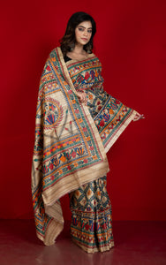 Premium Quality All Over Hand Painted Madhubani Motifs on Natural Gicha Tussar Silk Saree in Solitaire Beige and Multicolored