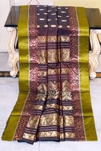 Traditional Woven Minakari Work Gorod Katan Pure Silk Saree in Dark Brown, Lemon Ginger, Emerald Green and Matt Gold