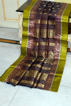 Traditional Woven Minakari Work Gorod Katan Pure Silk Saree in Dark Brown, Lemon Ginger, Emerald Green and Matt Gold